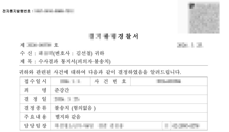 수사결과 통지서(피의자·불송치) — 죄명: 준강간, 결정종류: 불송치(혐의없음). 개인정보 비닉 처리